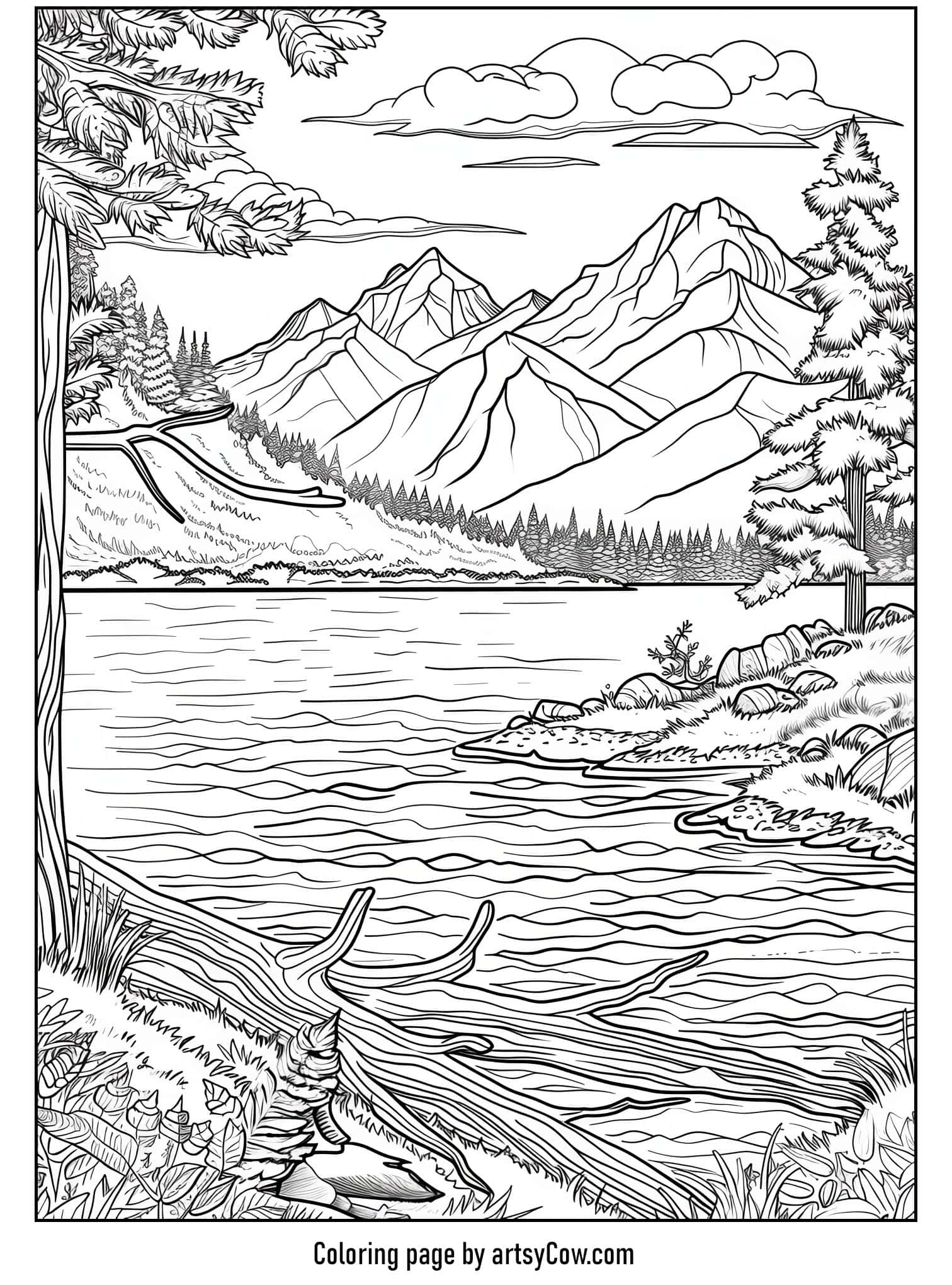 a serene lake scene with distant mountains, a detailed tree in the foreground